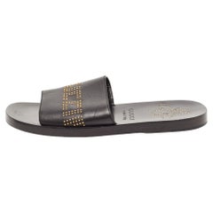 Used Gucci Black Leather Studded Bee Logo Slides Size 43