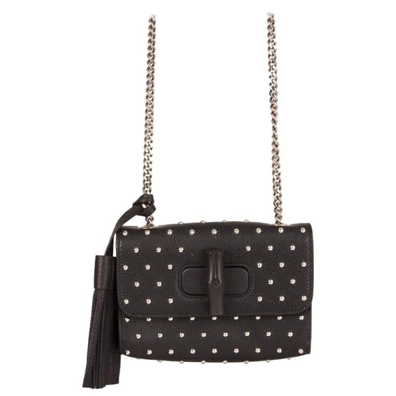 GUCCI black leather STUDDED MISS BAMBOO SMALL Crossbody Shoulder Bag