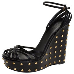Gucci Black Leather Studded Wedge Ankle Strap Sandals Size 40