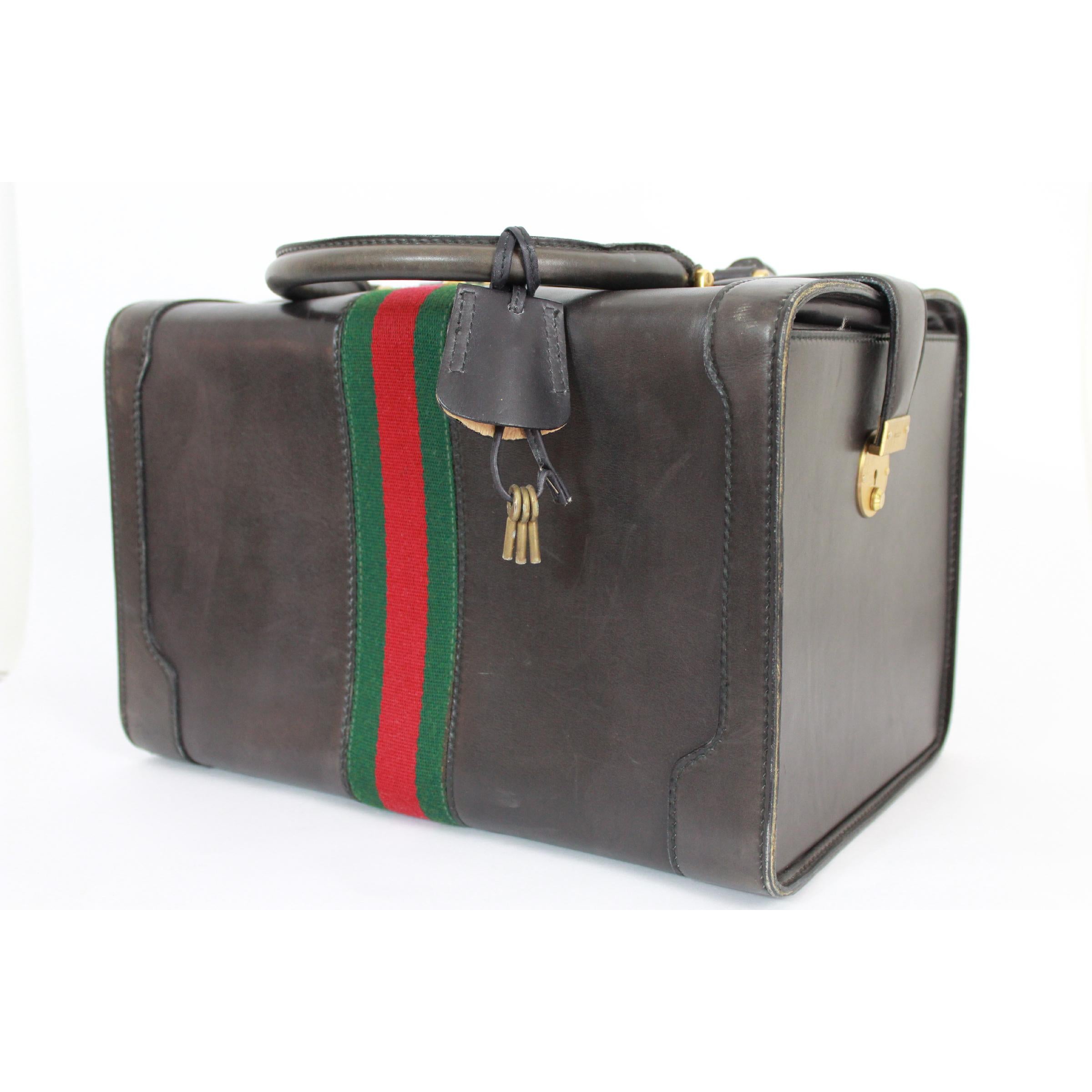 Women's Gucci Black Leather Suitcase Travel Beauty Case Bag keys Locks Rigid Luggage 70s