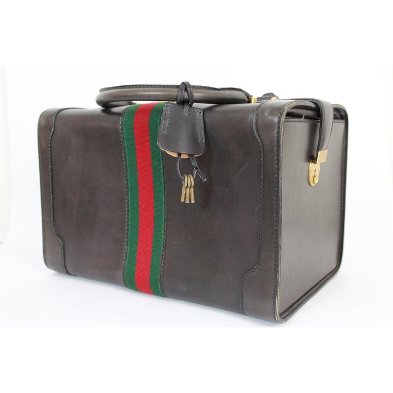 Gucci Black Leather Suitcase Travel Beauty Case Bag keys Locks Rigid  Luggage 70s at 1stDibs