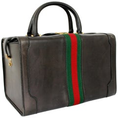 Retro Gucci Black Leather Suitcase Travel Beauty Case Bag keys Locks Rigid Luggage 70s