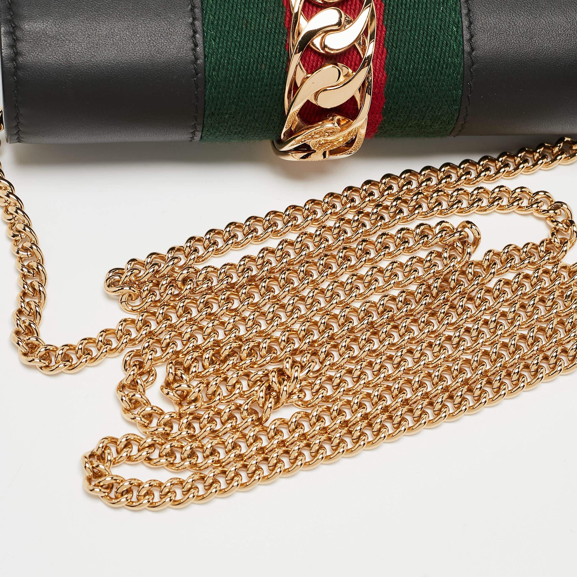 Gucci Black Leather Super Mini Sylvie Chain Shoulder Bag For Sale 10