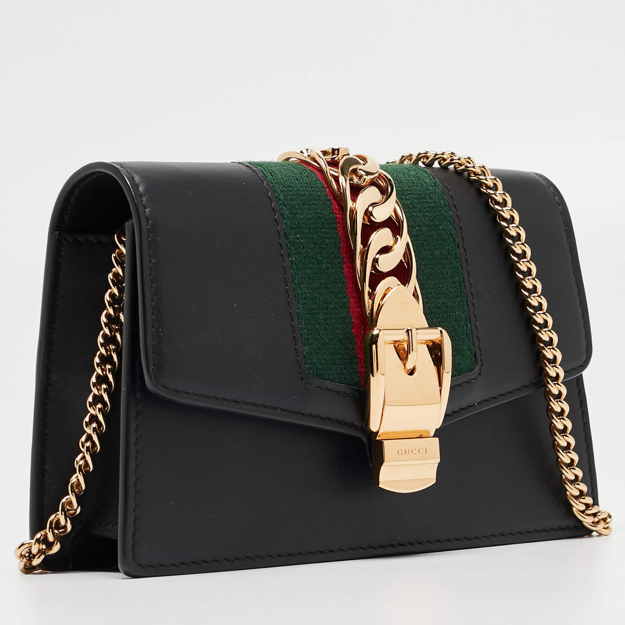 Women's Gucci Black Leather Super Mini Sylvie Chain Shoulder Bag For Sale