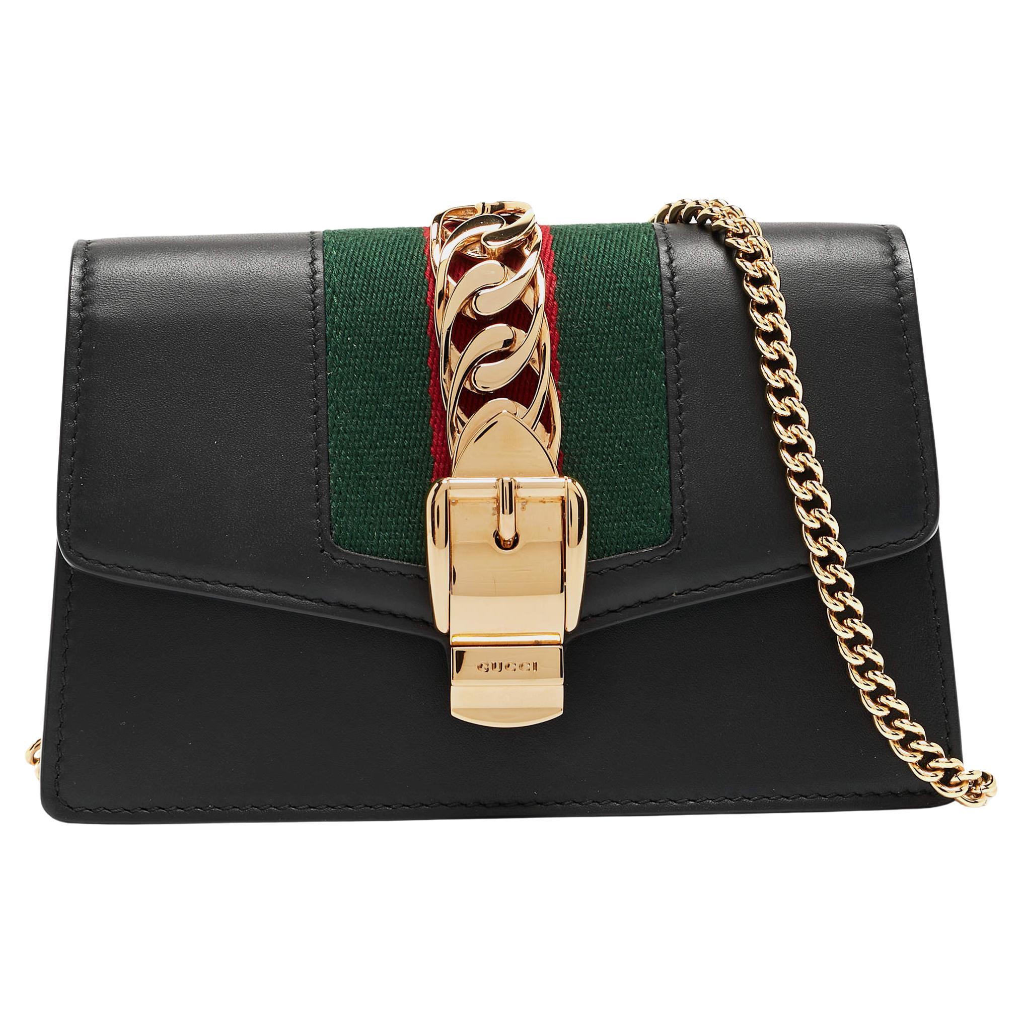 Gucci Black Leather Super Mini Sylvie Chain Shoulder Bag For Sale