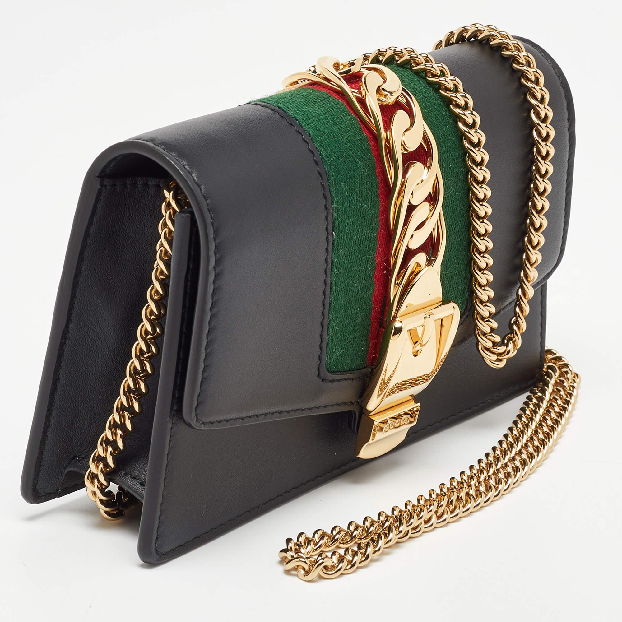 Gucci Black Leather Super Mini Sylvie Wallet On Chain For Sale 4