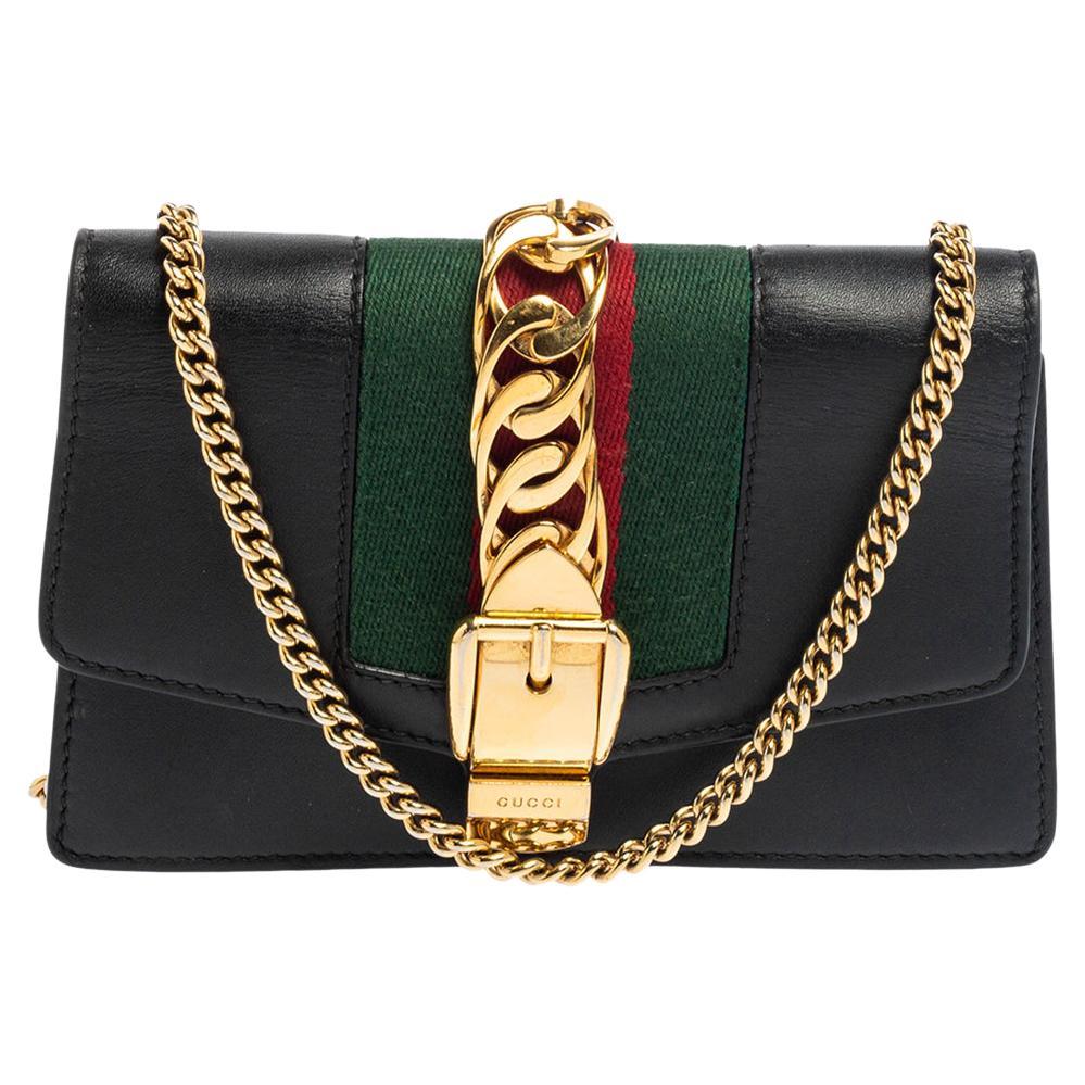 Gucci Black Leather Super Mini Sylvie Wallet On Chain
