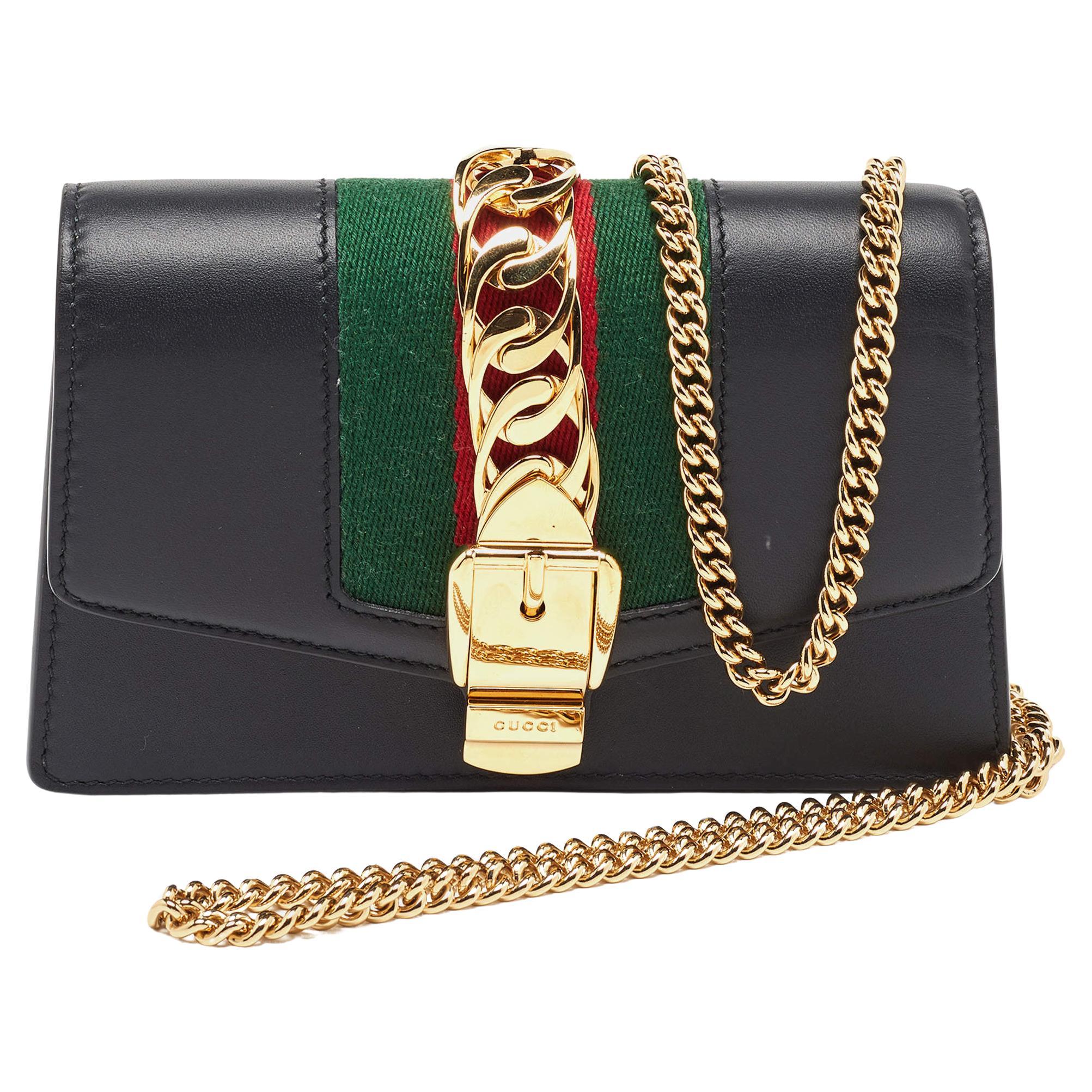Gucci Black Leather Super Mini Sylvie Wallet On Chain For Sale