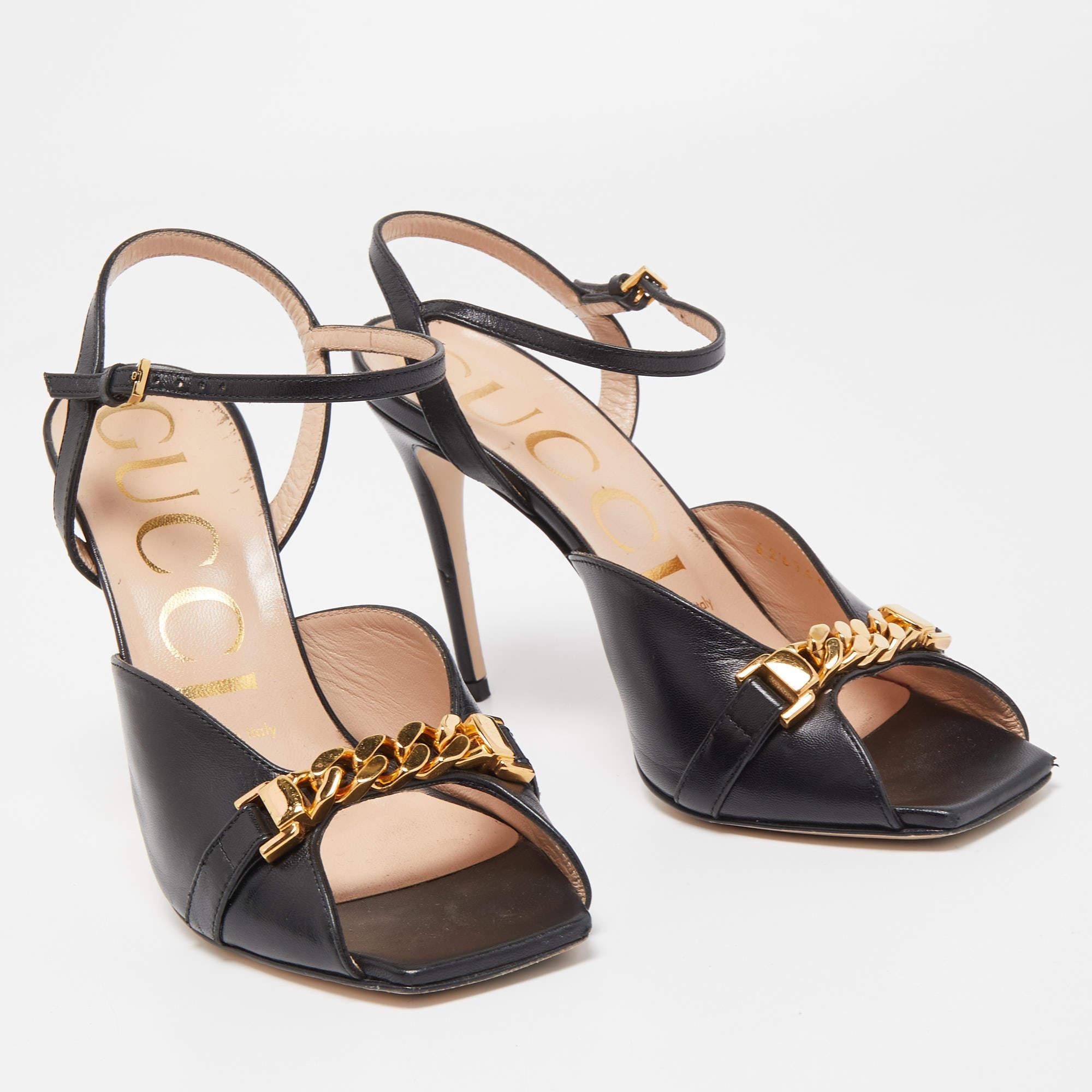Gucci Black Leather Sylvie Chain Ankle Strap Sandals Size 36 2