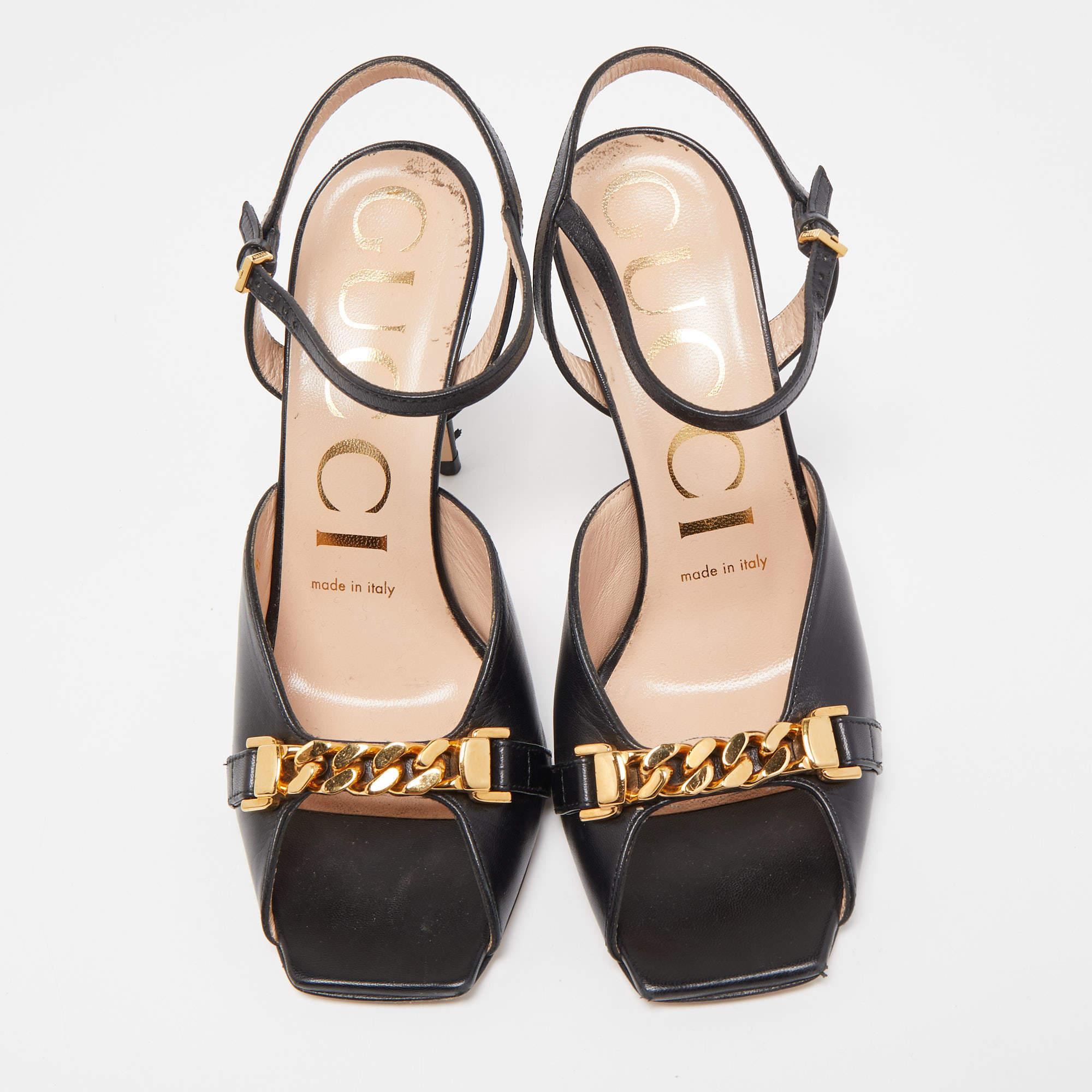 Gucci Black Leather Sylvie Chain Ankle Strap Sandals Size 36 4