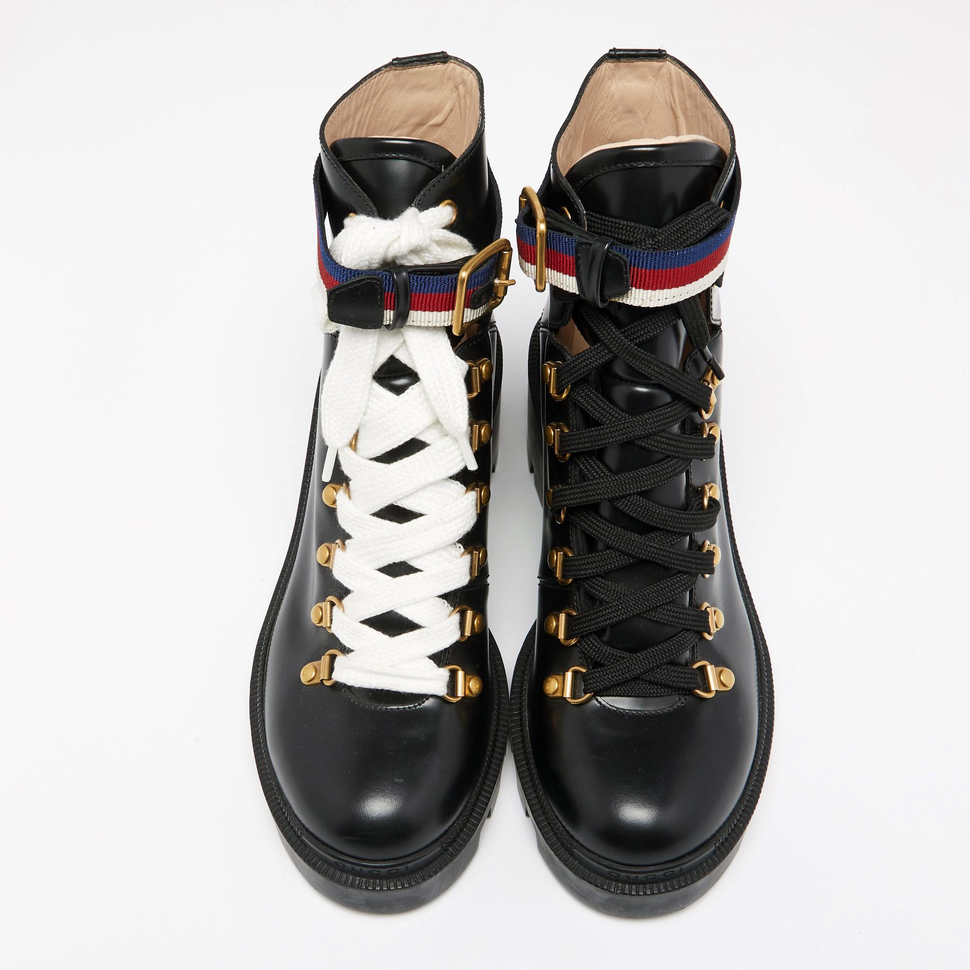 Gucci Black Leather Sylvie Leather Lace Up Boots Size 38 In Excellent Condition In Dubai, Al Qouz 2