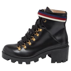 Schwarze Gucci Sylvie Lederstiefel mit Schnürung aus Leder, Größe 38