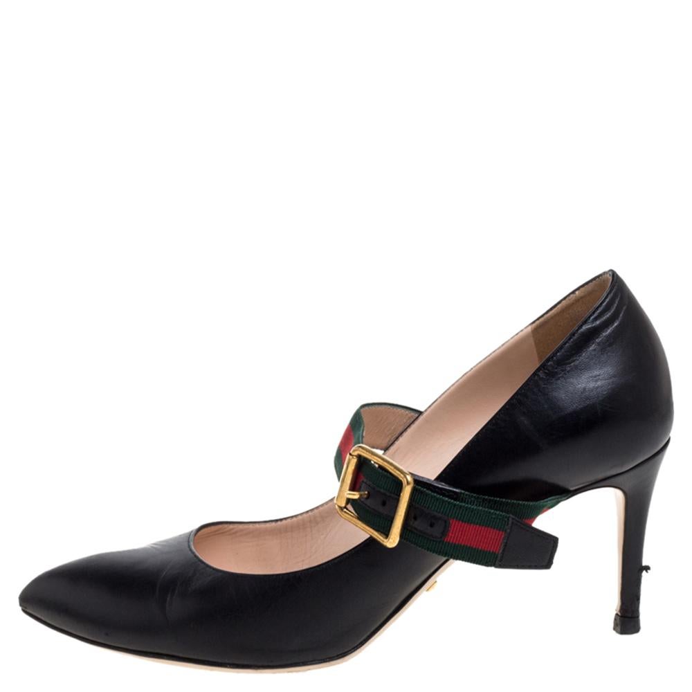 Women's Gucci Black Leather Sylvie Mary Jane Pumps Size 36.5