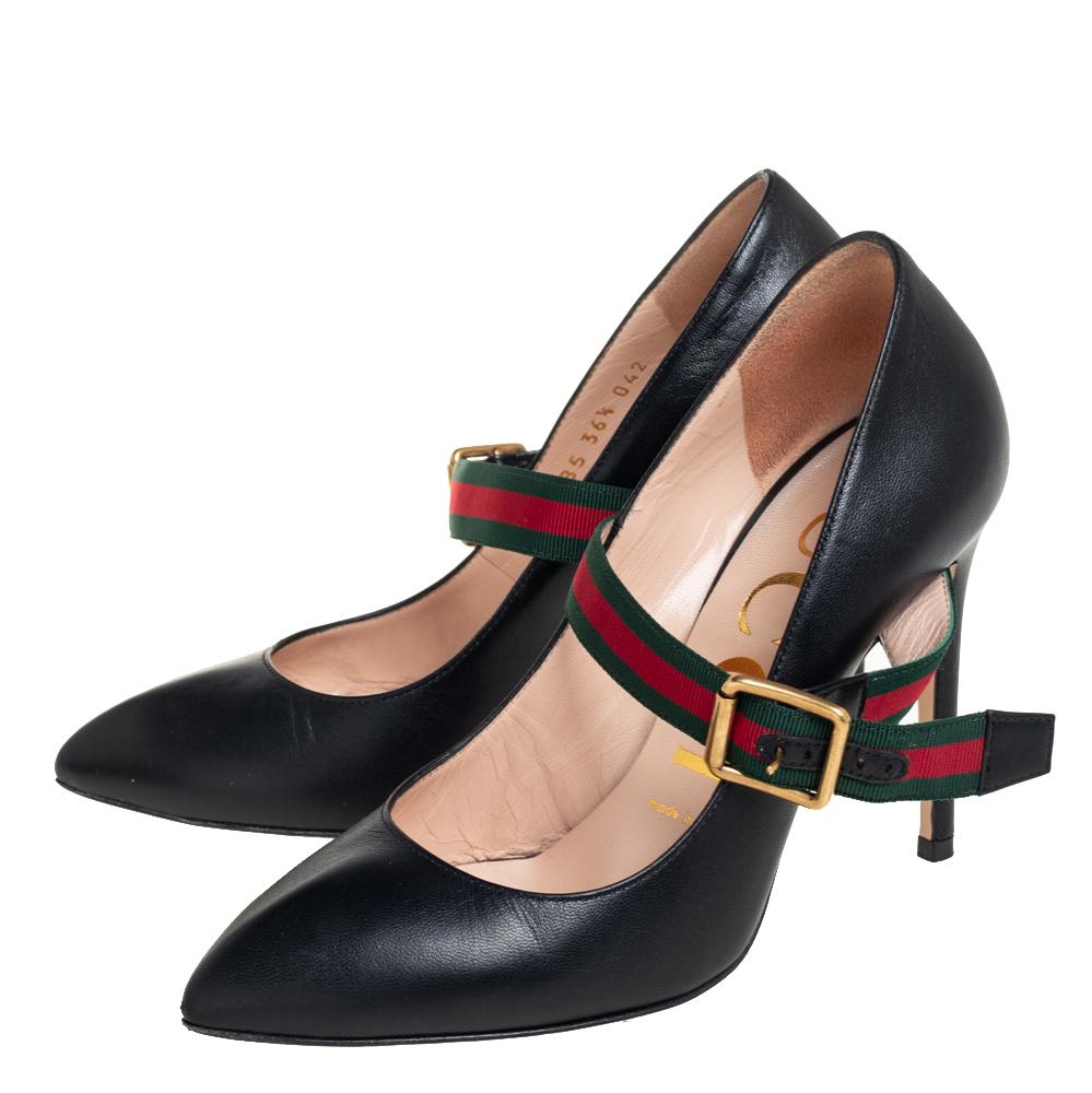 Women's Gucci Black Leather Sylvie Mary Jane Pumps Size 36.5