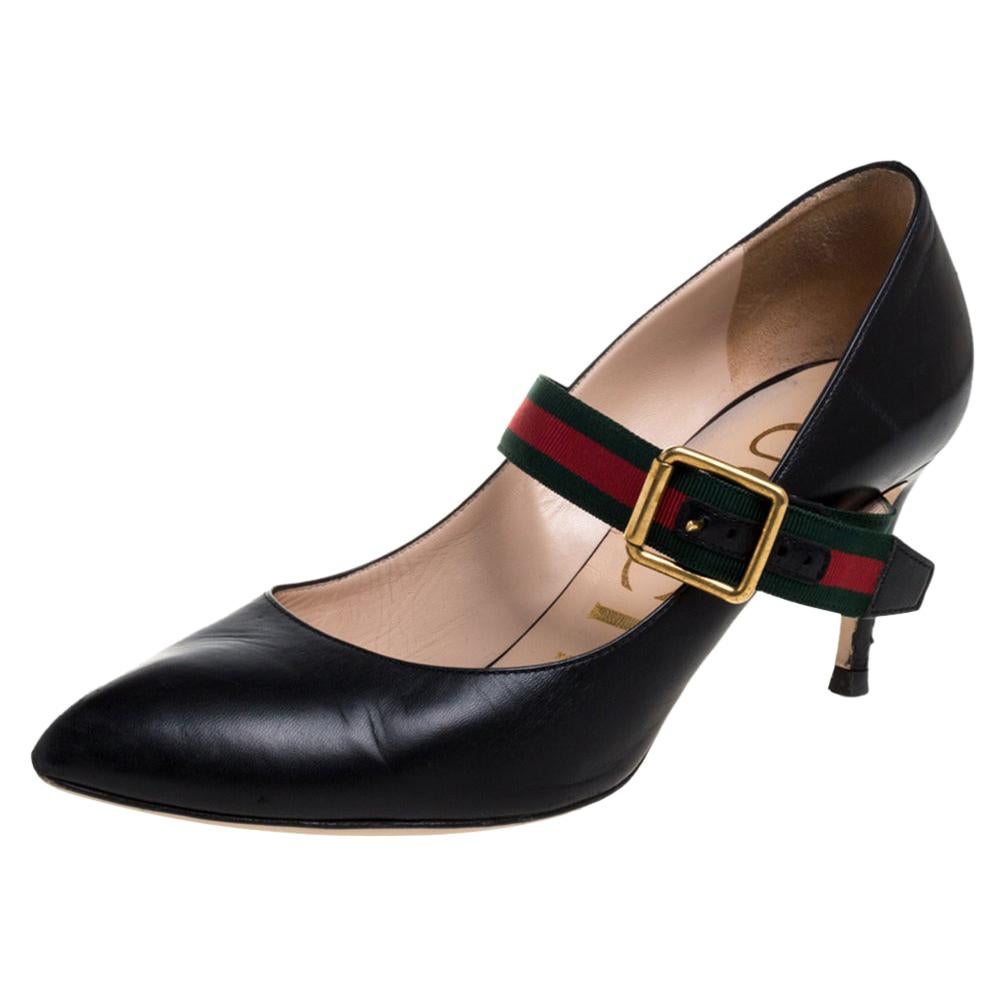 Gucci Black Leather Sylvie Mary Jane Pumps Size 36.5