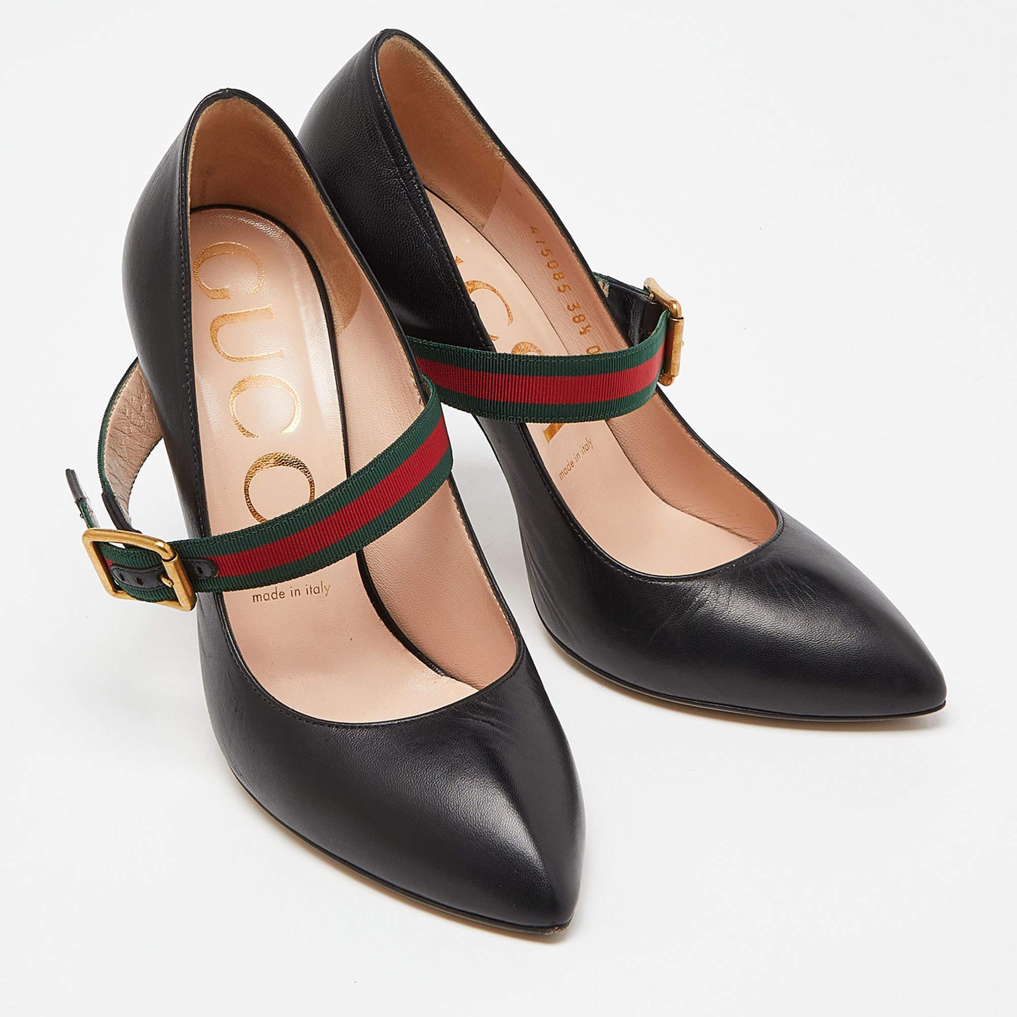 Gucci Black Leather Sylvie Mary Jane Pumps Size 38.5 In Good Condition For Sale In Dubai, Al Qouz 2