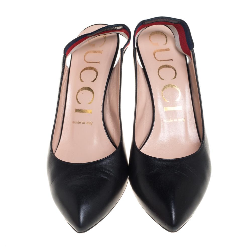 Amp up any outfit with these Gucci Sylvie pumps. Crafted from leather in Italy, they feature the signature web strap as elastic slingbacks with pointed toes and sleek stiletto heels. The grand black shade adds to this pair in a fashionable