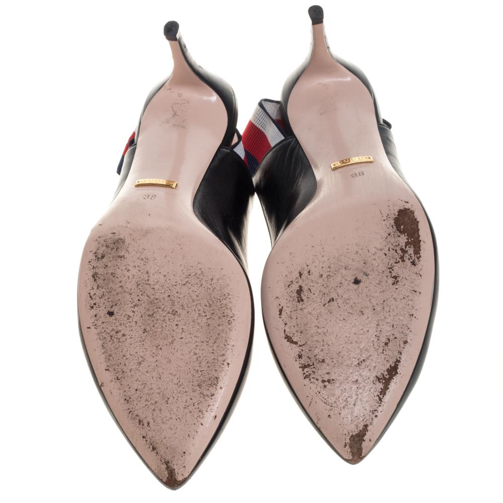Gucci Black Leather Sylvie Web Detail Slingback Sandals Size 38 In Good Condition In Dubai, Al Qouz 2