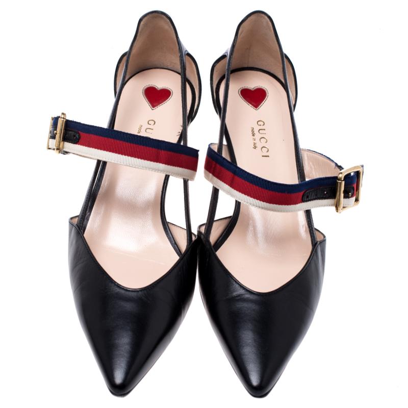 These pointed-toe pumps from Gucci have come straight from a shoe lover's dream. Crafted from black leather, detailed with web straps and balanced on 6 cm bamboo heels, the pumps are lovely and gorgeous!

Includes: Extra Black Tone Top Lifts, Info