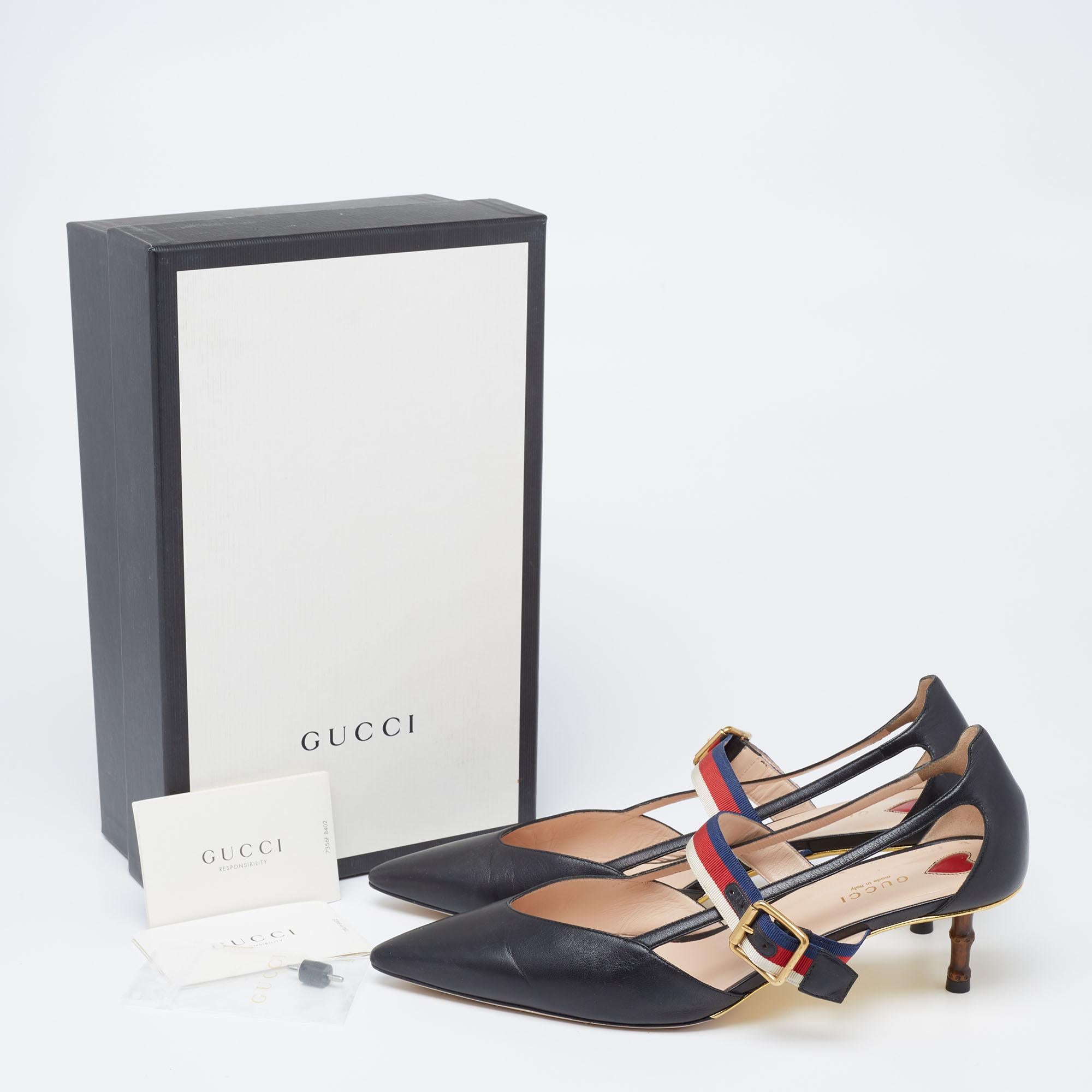 Gucci Black Leather Sylvie Web Strap Bamboo Heel Unia Pumps Size 41 4