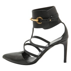 Gucci Black Leather T-Bar Horsebit Ankle Cuff Pumps Size 39.5