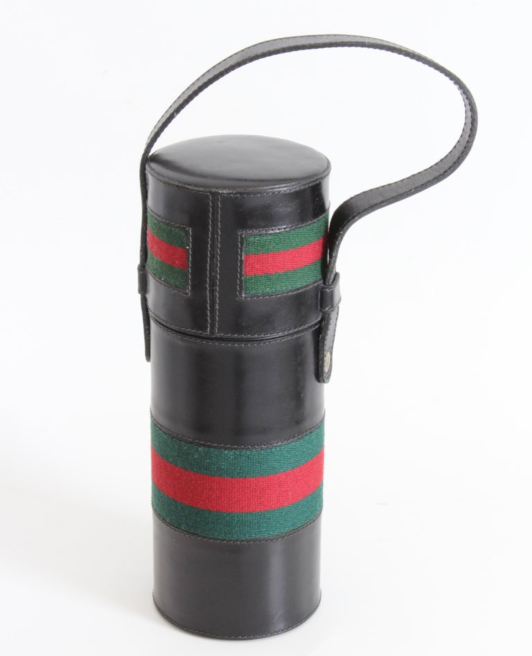  Gucci  Black Leather Thermos Tote Bag Red Green Webbing 