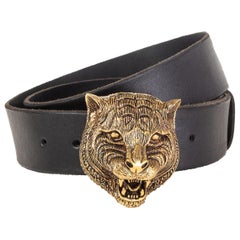 GUCCI schwarzes Leder TIGER HEAD BUCKLE Gürtel 90 / 36