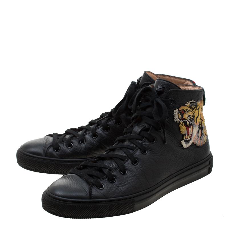 Men's Gucci Black Leather Tiger Patch High Top Sneakers Size 42