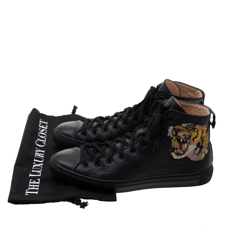 Gucci Black Leather Tiger Patch High Top Sneakers Size 42 1