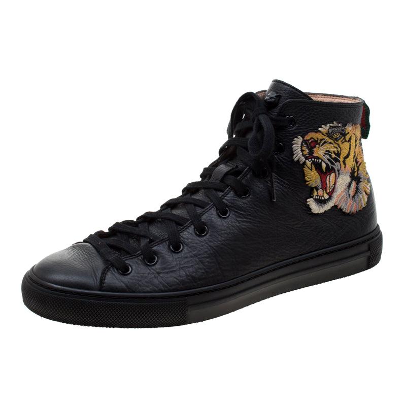Gucci Black Leather Tiger Patch High Top Sneakers Size 42