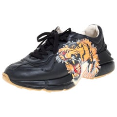 Gucci Black Leather Tiger Rhyton Low Top Sneakers Size 39