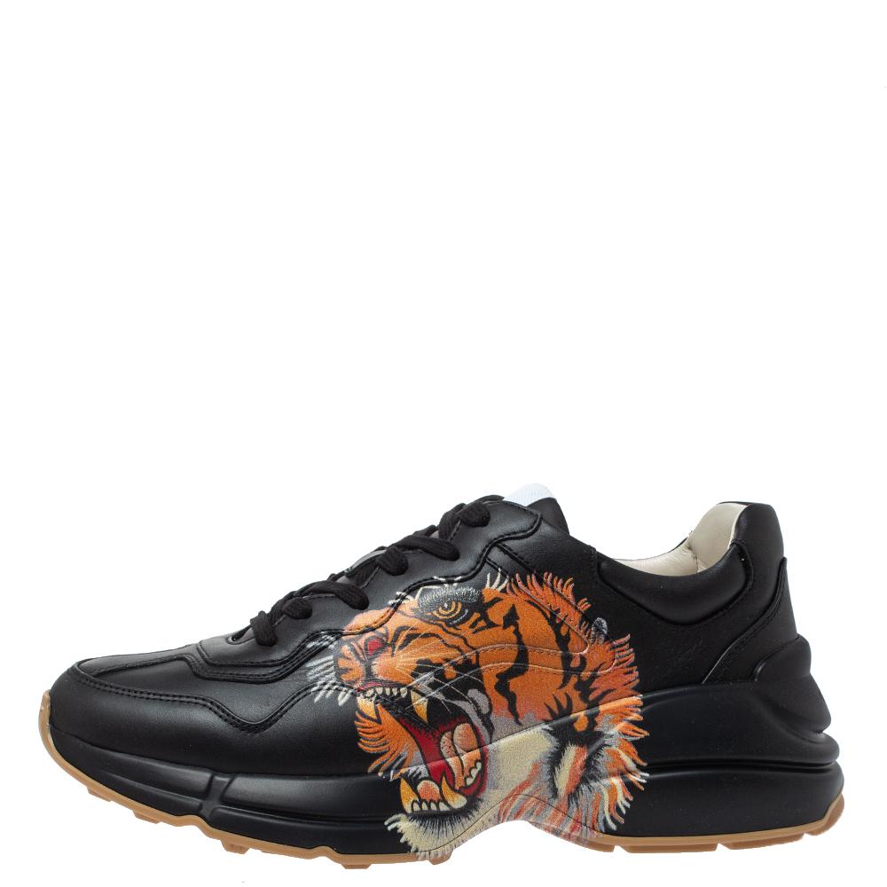Gucci Black Leather Tiger Rhyton Low Top Sneakers Size 40 1