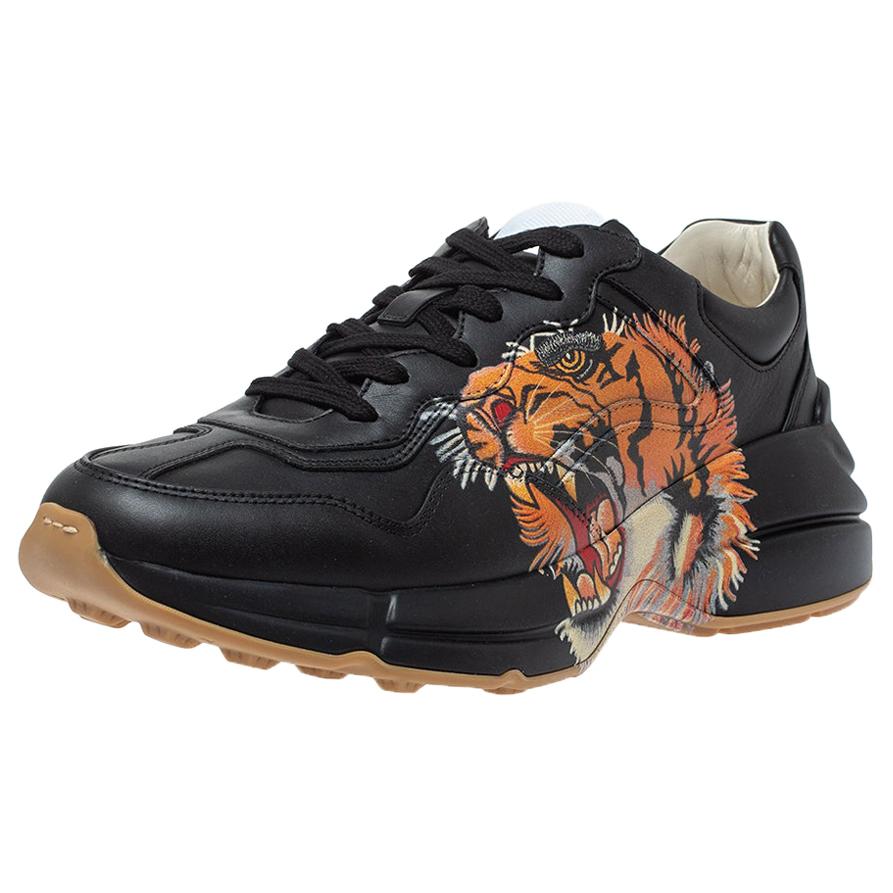 Gucci Black Leather Tiger Rhyton Low Top Sneakers Size 40