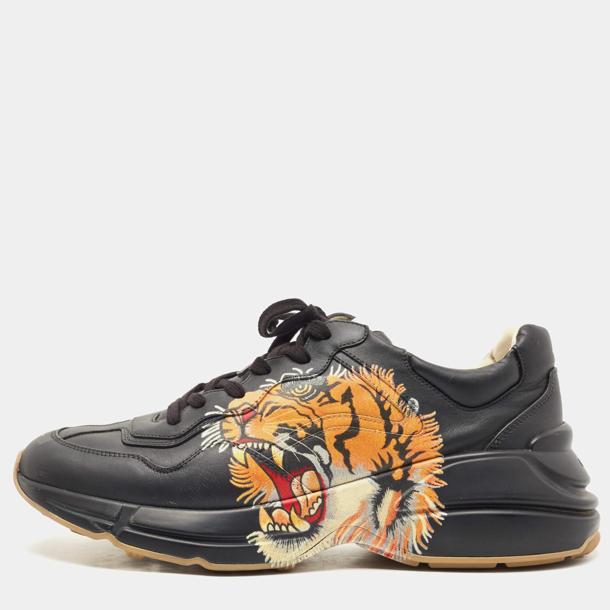 Gucci Black Leather Tiger Rhyton Low Top Sneakers Size 44 3