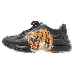Used Gucci Black Leather Tiger Rhyton Low Top Sneakers Size 44