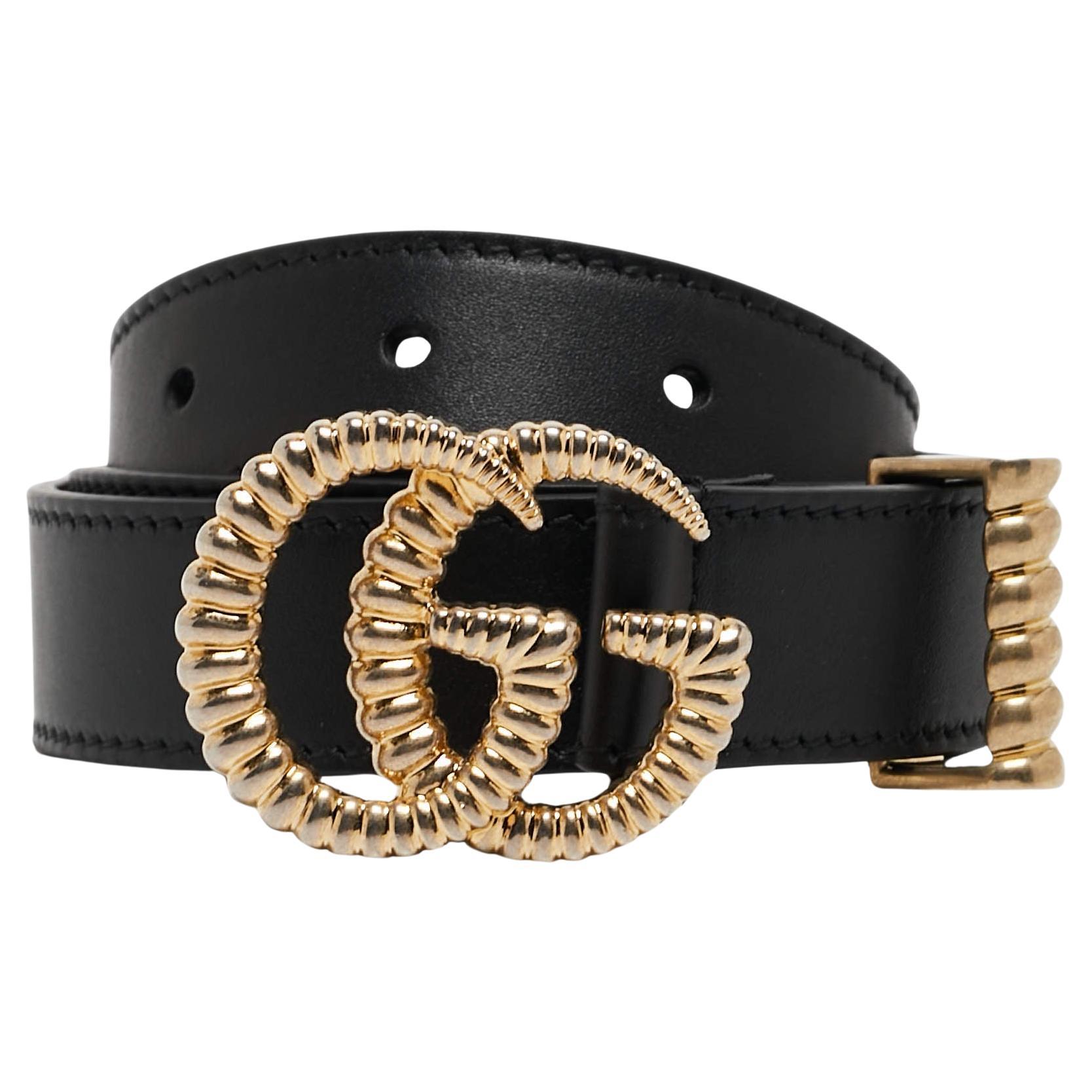 Gucci Black Leather Torchon Double G Buckle Slim Belt 80 CM