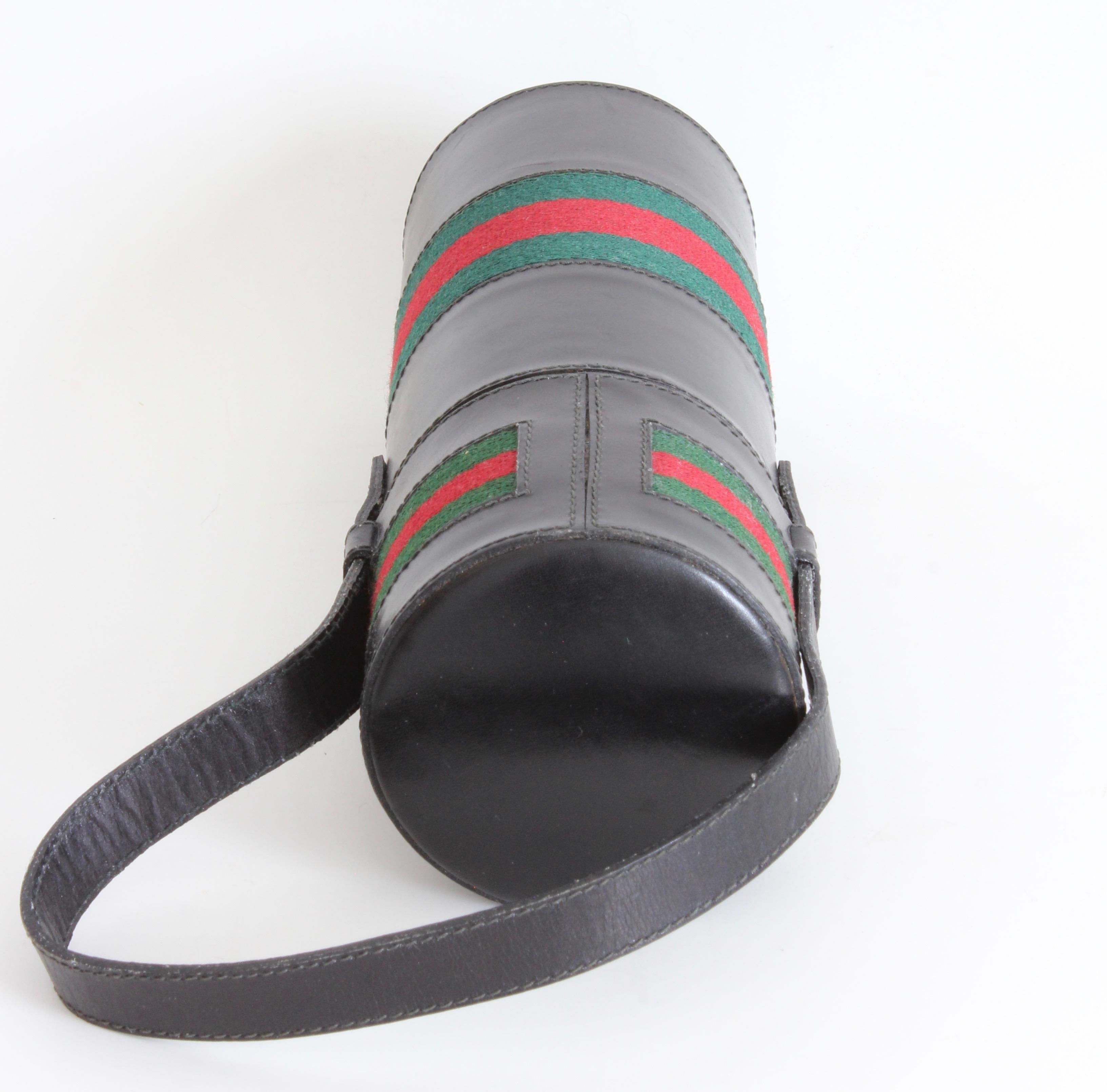 Gucci Black Leather Tote Bag with Insulated Bottle Red Green Webbing Barware 70s In Fair Condition For Sale In Port Saint Lucie, FL