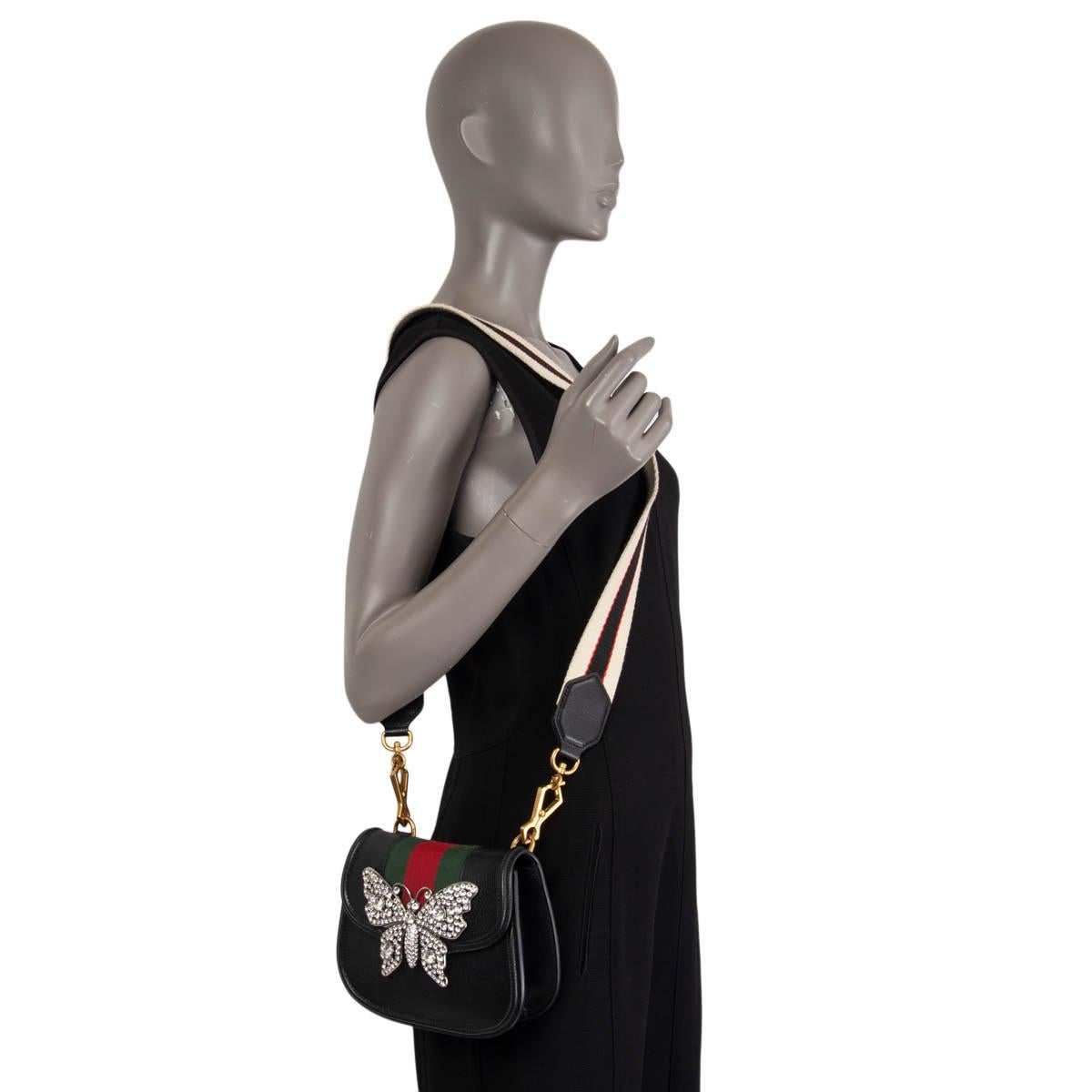 GUCCI black leather TOTEM SMALL BUTTERFLY WEB Shoulder Bag 1