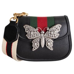 GUCCI black leather TOTEM SMALL BUTTERFLY WEB Shoulder Bag