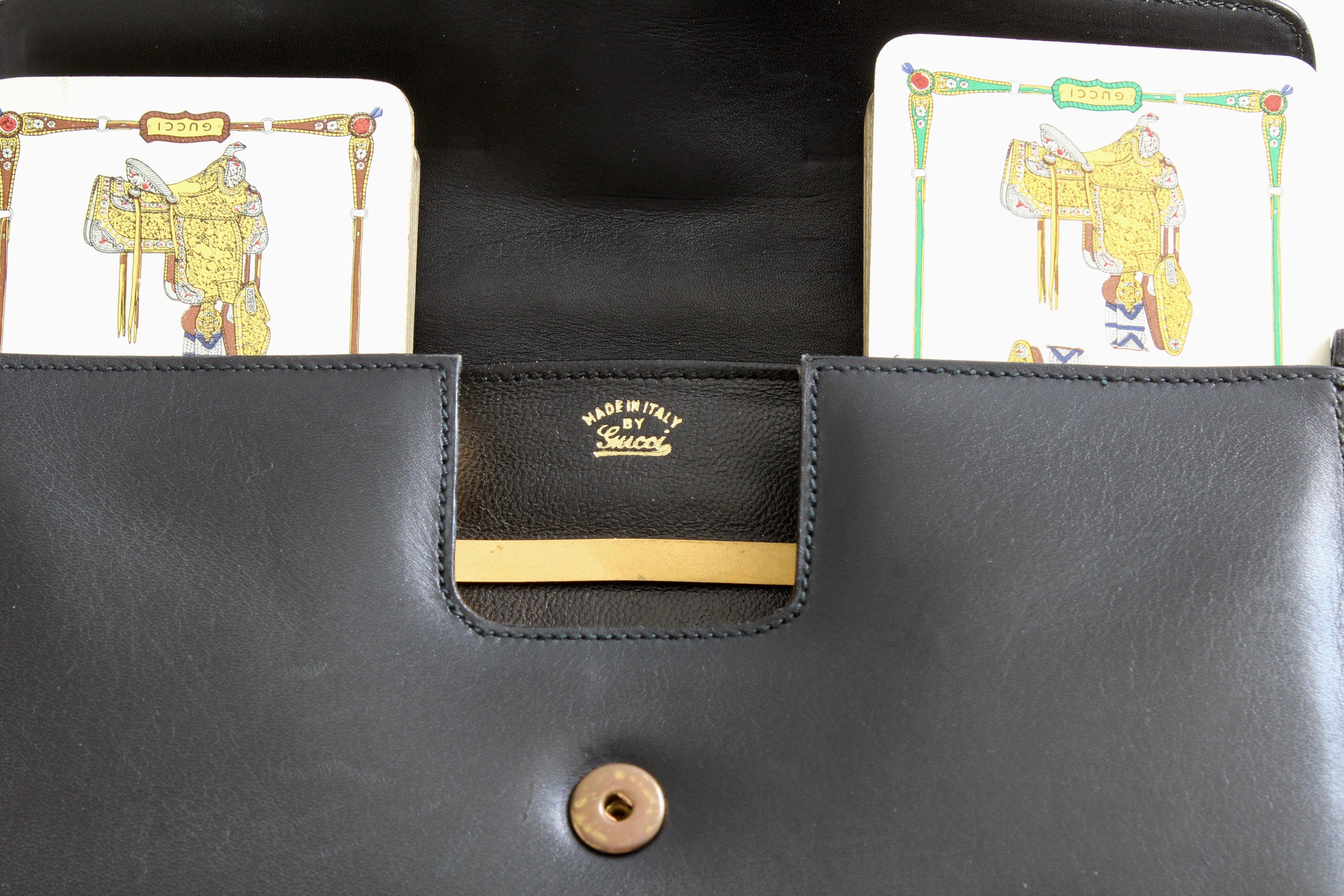 Gucci Black Leather Travel Game Set with Two Decks of Playing Cards, 1970s 2