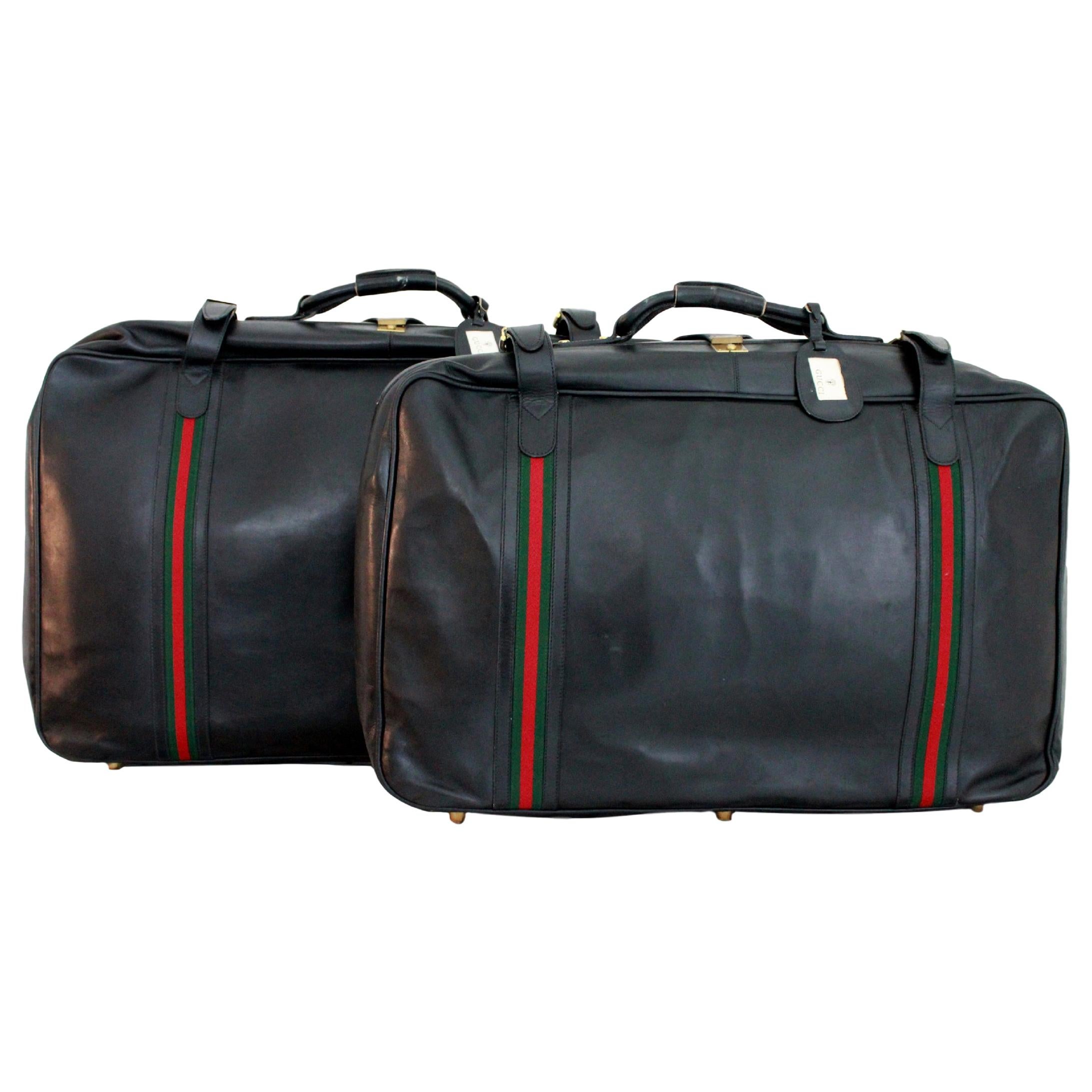 Gucci Black Leather Travel Luggage Set Bag 1970s