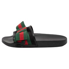 Gucci Black Leather Trim, Satin and Fabric Web Bow Flat Slides Size 39