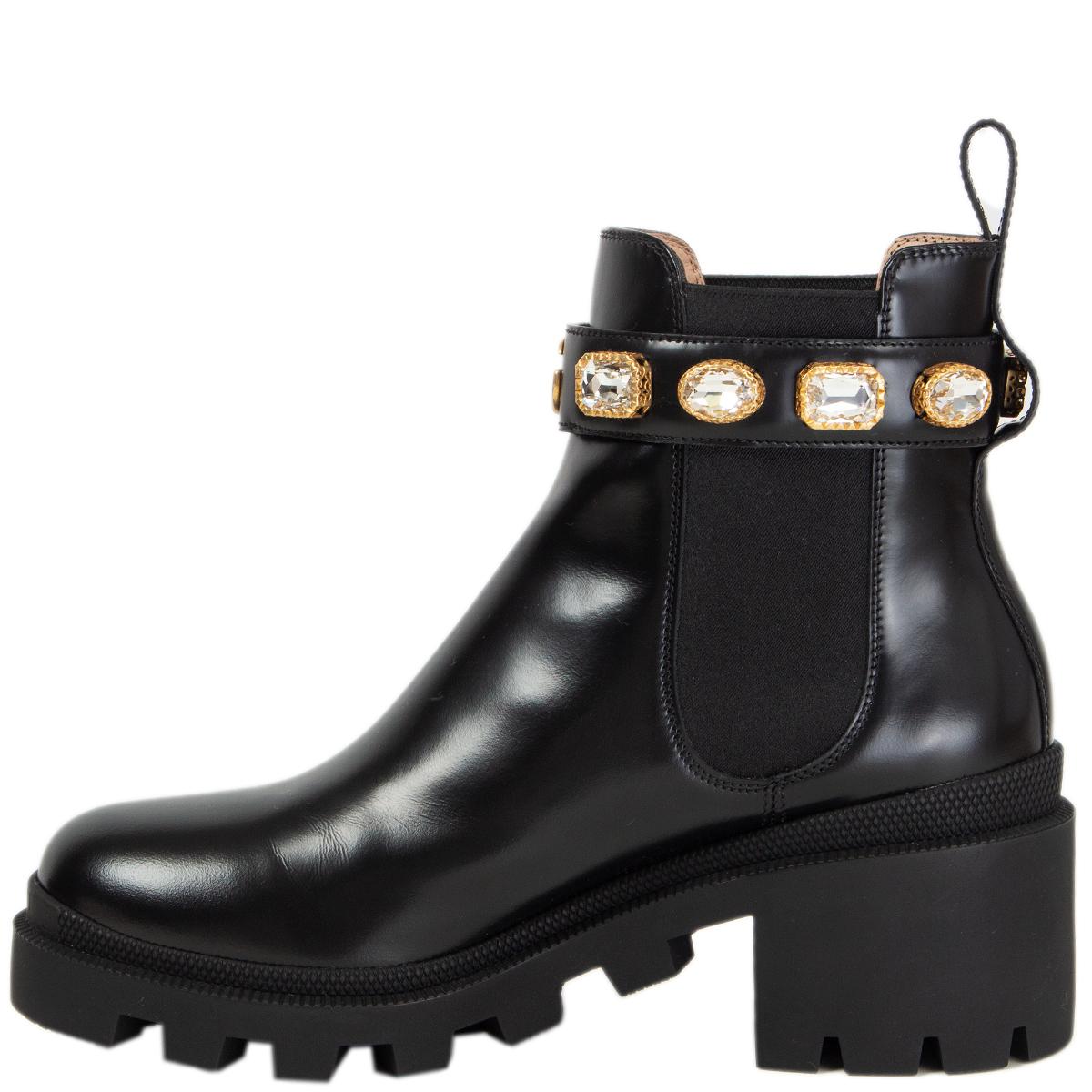 Black GUCCI black leather TRIP CRYSTAL EMBELLISHED Ankle Boots Shoes 38.5