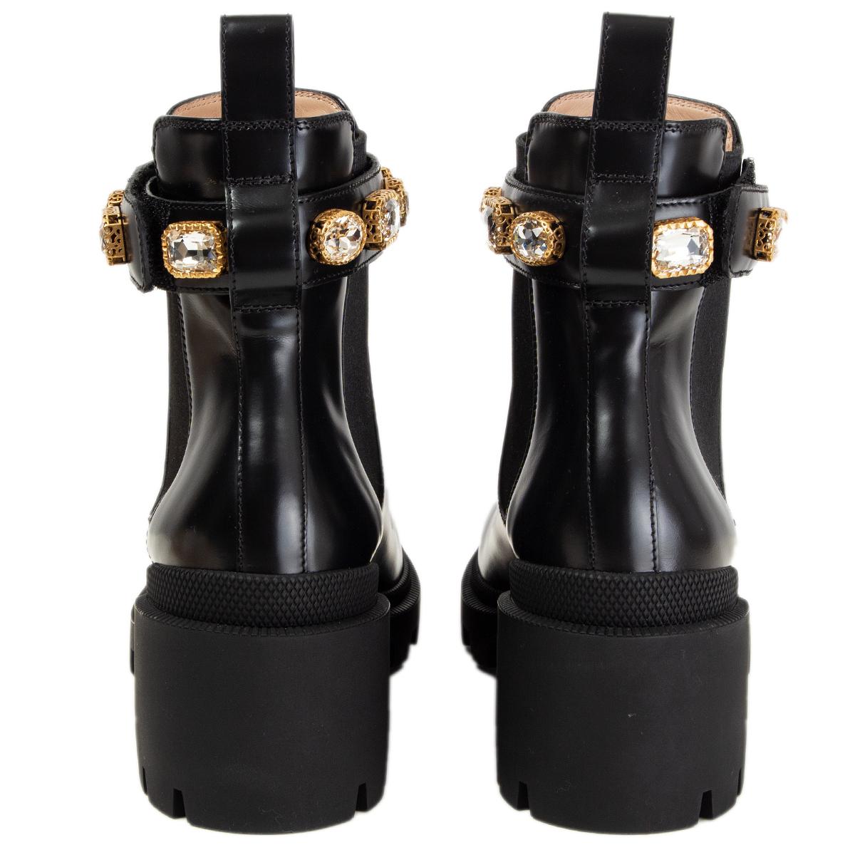 GUCCI black leather TRIP CRYSTAL EMBELLISHED Ankle Boots Shoes 38.5 In New Condition In Zürich, CH