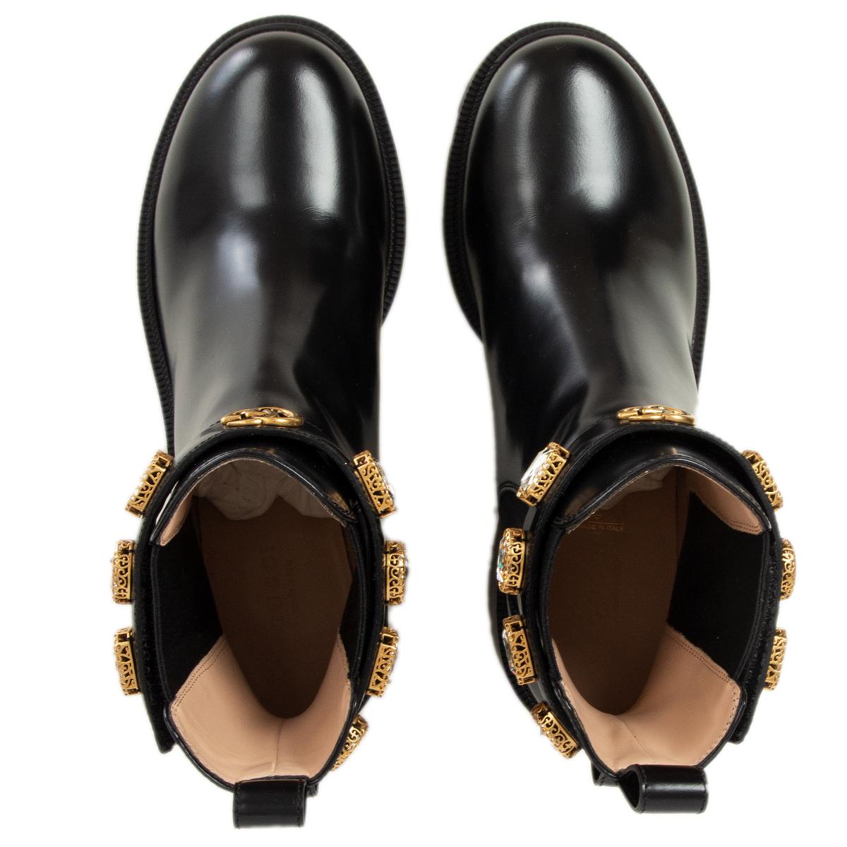 Women's GUCCI black leather TRIP CRYSTAL EMBELLISHED Ankle Boots Shoes 38.5