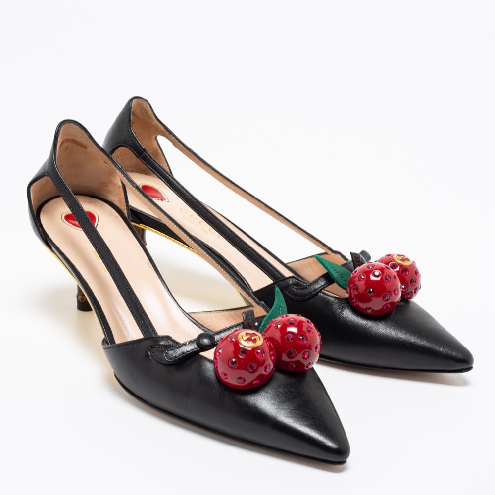 Women's Gucci Black Leather Unia Cherry Bamboo Heel Pointed Toe Pump Size 36