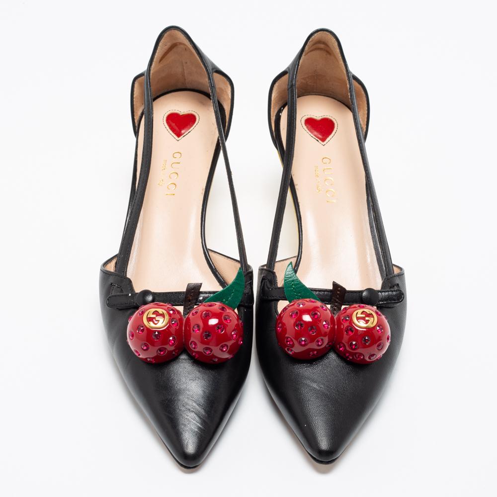 Gucci Black Leather Unia Cherry Bamboo Heel Pointed Toe Pump Size 36 1