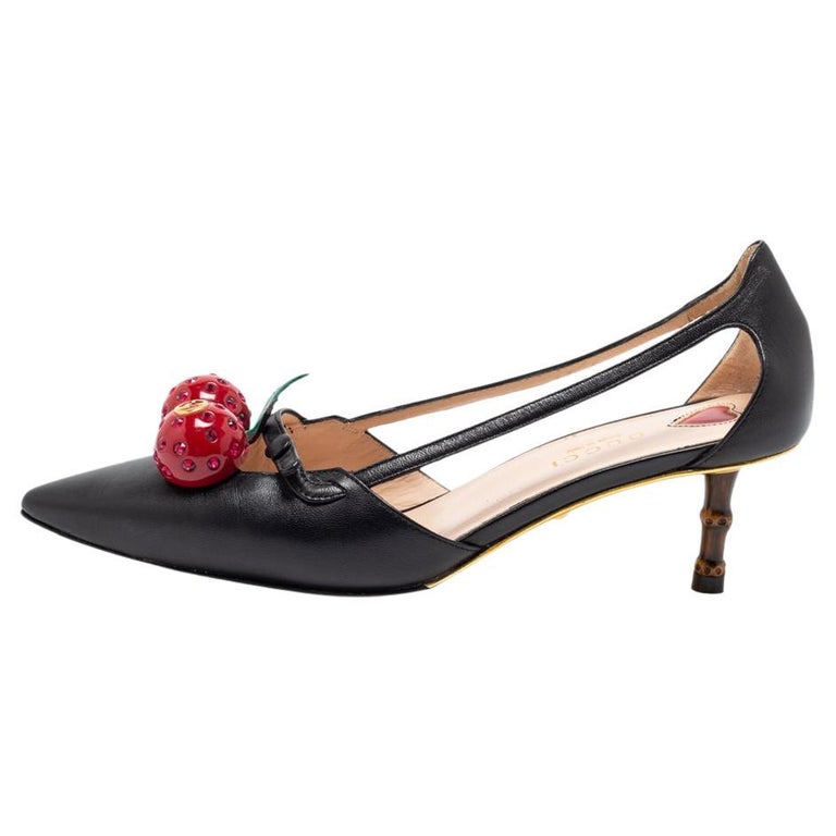 Gucci Black Leather Unia Cherry Bamboo Heel Pointed Toe Pump Size 36 For  Sale at 1stDibs