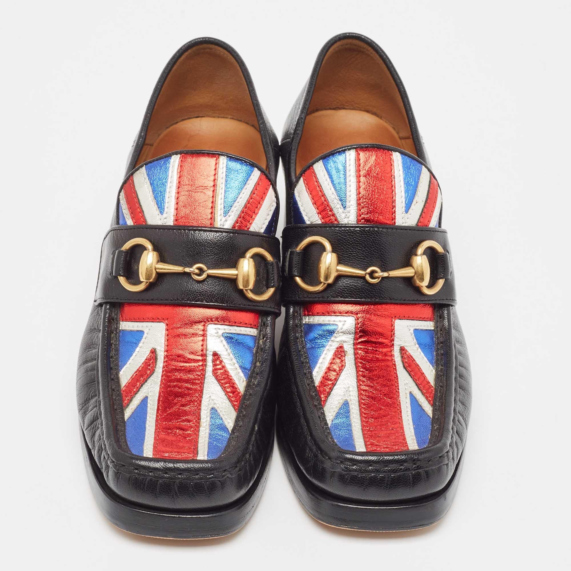 Gucci Black Leather Union Jack Horsebit Loafer Pumps Size 37 In Good Condition In Dubai, Al Qouz 2