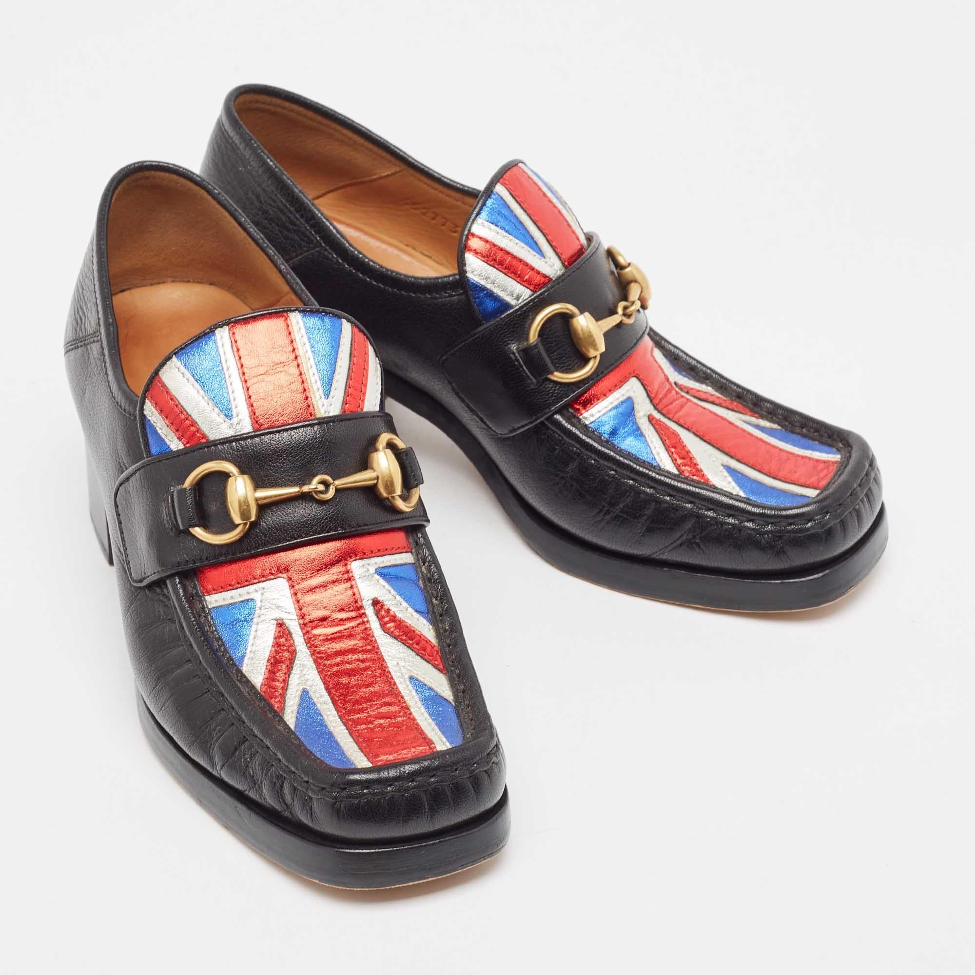 Women's Gucci Black Leather Union Jack Horsebit Loafer Pumps Size 37